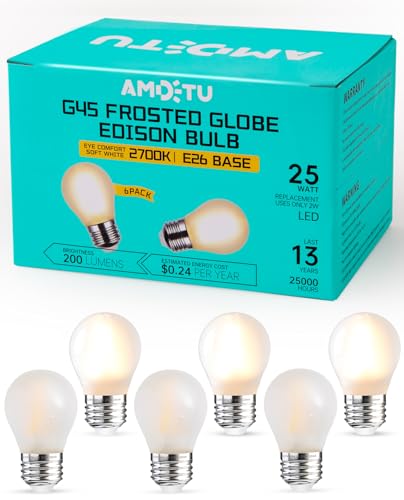 Frosted 25 Watt Light Bulbs E26 Warm White 2700k Dimmable Small Vintage Edison Bulbs G45 Low Watt Globe for Ceiling Fan,Pendant Lights,Vanity Light,Table Lamp,Bedroom and Bathroom Create Cozy Ambiance