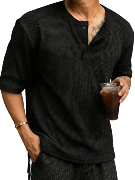 Image of The Modern Soul Men's Waffle Knit Henley Half Sleeve Tshirt for Men