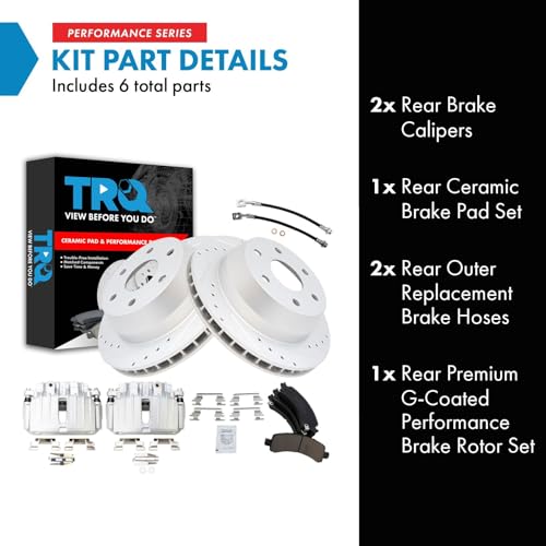 Image of TRQ Performance Rear Brake Pad and Rotor Set Ceramic Slotted Drilled Calipers Compatible with 2002 Chevrolet Avalanche 1500 Suburban 1500 Tahoe GMC Yukon Yukon XL 1500