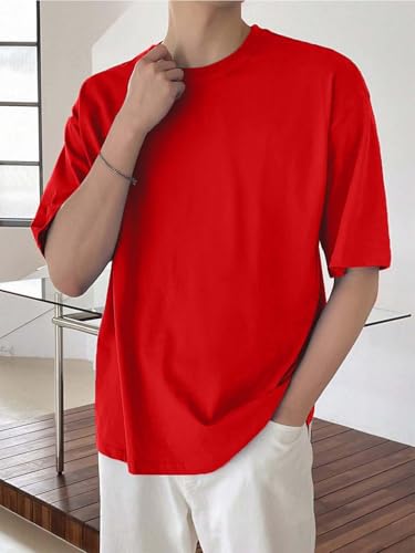 Image of LEOTUDE Half Sleeve Oversized Tshirt for Men, Round Neck Cottonblend Drop Shoulder Solid T-Shirt