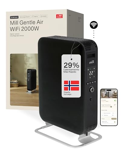 Mill Gentle Air WiFi Radiador de Aceite 2000 W, Calefactor Eléctrico Inteligente con App para 24-28 m², Bajo Consumo, Silencioso y Seguro, Radiador de Pie, Diseño Noruego, Negro