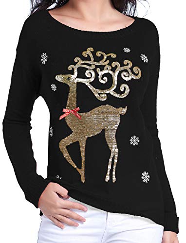 v28 Varied Ugly Christmas Sweater for Women Merry Reindeer Shirt Knit Sweaters (Black XL)