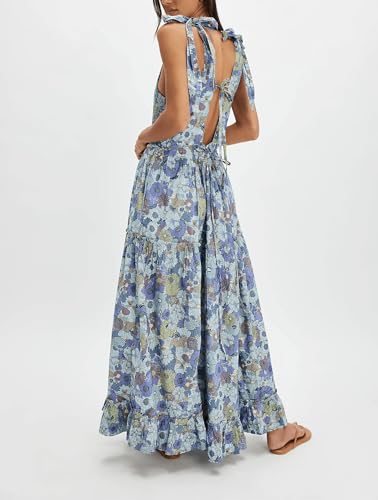 Image of Women Y2k Boho Maxi Dress Tie Shoulder Backless Strappy Tiered Flowy Dress 2024 Summer Floral Beach Sundress