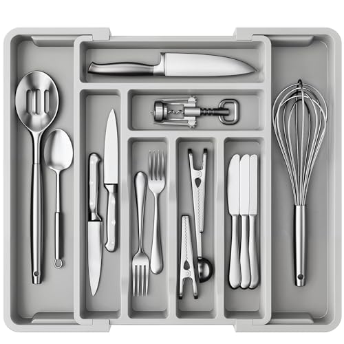 AMADA HOMEFURNISHING Expandable Silverware Drawer Organizer, Adjustable Utensil Tray For Kitchen Storage, BPA-Free Cutlery Holder for Spoons, Forks and Knives, Easy to Clean and Wash, Gray