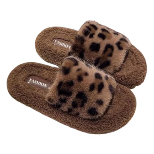 Womens Fuzzy Open-Toe Leopard Pattern Slippers Soft Comfy Memory Foam Indoor House Shoes with Cozy Plush Non-Slip Sole 3cm Thick(40/41 EU, Brown)