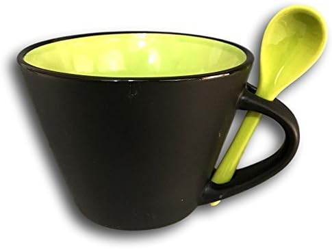 Contemporary Soup Coffee Tea Two Tone Mug Cup with Attaching Spoon 12 oz (Green)