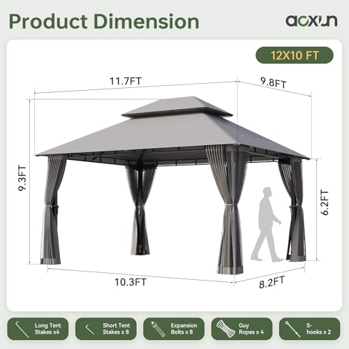 Aoxun 12x10 Outdoor Gazebo with Mosquito Netting & Double Roof, Gray - Image 2