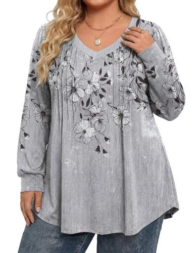 Image of IN'VOLAND Womens Plus Size Shirts V Neck Puff Long Sleeve Tops