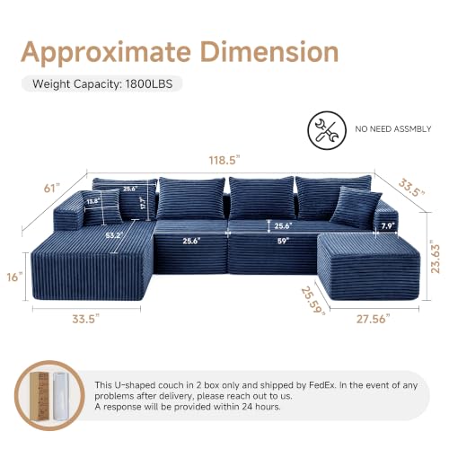 Image of 118 inch Modular Sectional Sofa with Chaise & Ottoman, Navy Blue