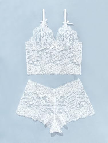 Image of Lilosy Sexy Sheer Floral Lace Pajamas Lingerie Set High Waist Sleepwear Bra and Panty 2 Piece Nightwear