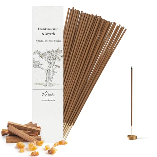 Frankincense and Myrrh Incense Sticks 60 Pack Natural Fragrance Insence-Sticks Ideal Choice for Yoga Meditation and Relaxation Air Purifying Aromatherapy and Long-Lasting Burn