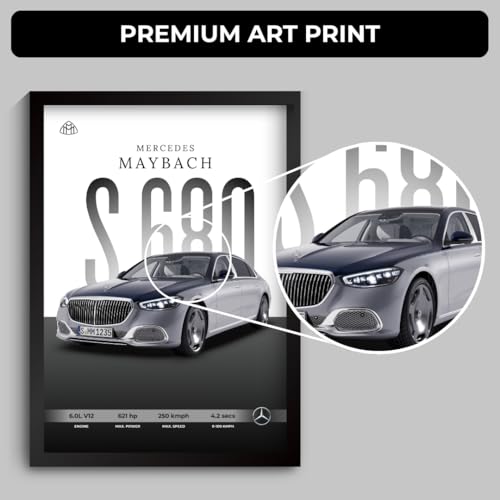 Image of Mercedes Maybach Poster | Framed Maybach S680 A4 Sized (31 x 23 cm) | Mercedes Car Poster for Wall, Gift for Boys, S Class Posters Frames | Car Posters for Wall, Bedroom, Hostel, Study Room (F 043)
