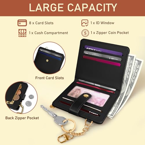 Image of Jogjam Black Rfid Ladies Wallet, Small Slim Thin Compact Credit Card Women Wallet, PU Leather Bifold Cash Zipper Coin Pocket ID Window for Female