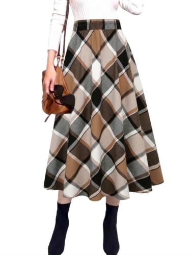 Fall Skirts for Women 2026 Winter Wool High Waisted Midi Plaid Skirt BNXL
