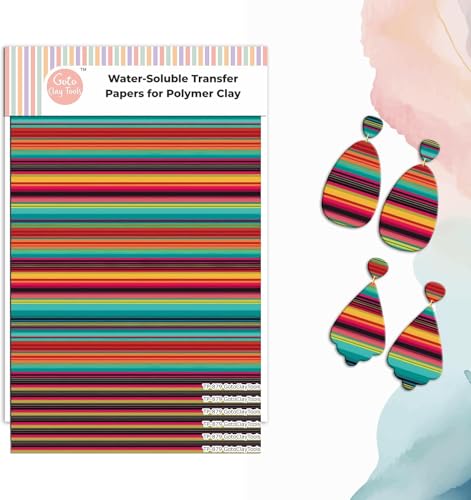 GOTO CLAY TOOLS Clay Transfer Paper, Colorful Mexican Stripes Water Soluble Transfer Sheet for Polymer Clay, Bright Colors Even After Baking, No Cracking, 4 x 5.5 inches, 6 Pcs | TPUS-879