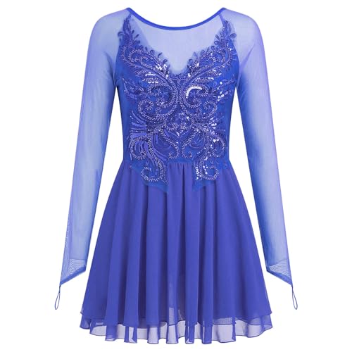 FYMNSI Damen Tanzkleid Eiskunstlauf Kleid Langarm K�rkleid Rollkunstlauf Wettbewerb Tanzanzug mit Pailletten Blumen Mesh Chiffon Rock Ballettkleid Gymnastik Leotard Turnanzug Tanzkost�m K�nigsblau L
