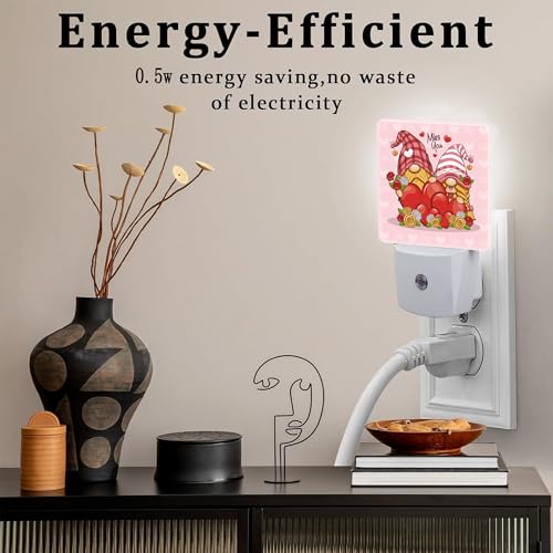 Image of Valentine's Day Gnome Couple Night Light for Kids, Gnomes with Love Red Hearts Night Light Plug in with Dusk to Dawn Sensor,0.5w Energy Saving Nightlight for Hallway Stairway Kitchen Bedroom