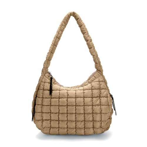 Image of Puffer Tote Bag for Women Quilted Puffer Tote Bag Quilted Crossbody Bag Soft Pufferr Shoulder Bag Quilted Padding Hobo Bag, Khaki-a