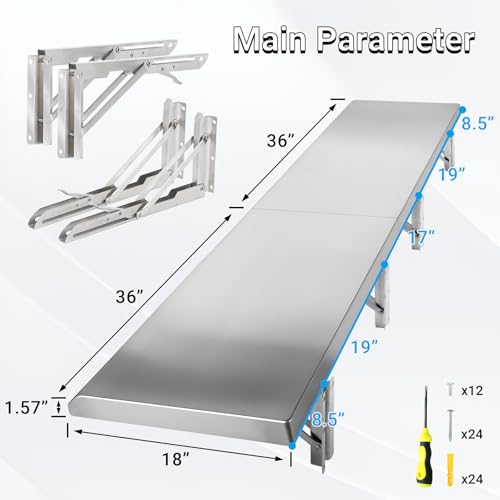 Image of Folding Concession Stand Shelf 18 inch x 72 inch Spliced Style for Kitchen | Stainless Steel Drop Down Serving Food Shelf, Easy to Clean & Space-Saving Concession Shelves for Garage, Food Cart