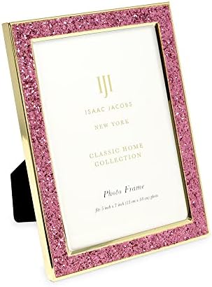 Isaac Jacobs 5x7 Pink Glitter (Vertical & Horizontal) and Gold Metal Picture Frame, with Black Fabric Easel, Wall-Mountable, Made for Tabletop, Counterspace, Shelf and Desk (5x7, Pink Glitter W/Gold)