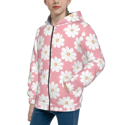 X-Large White Chrysanthemum Texture Chart Print Girls Athletic Zip Up Hoodies,Sweatshirts with Pockets Long Sleeve Hooded Jackets, for 7-18 Y