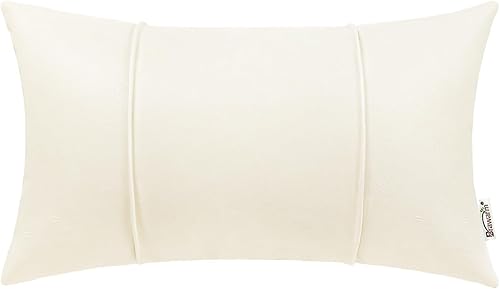 BRAWARM Fundas de almohada de piel color crema de 12 x 20 pulgadas, funda de almohada lumbar de piel sintética con ribetes, almohada de cuero cosida