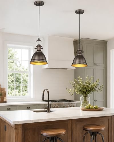 Image of 2-Pack 8 inch Pendant Lights Kitchen Island, Oil Rubbed Bronze | Farmhouse Kitchen Pendant Lighting over Island for Dining Room, Metal Shade, Adjustable Height, E26 Base, 2151-2PM-ORB