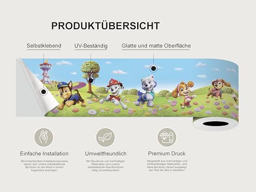 AG Design Selbstklebende Bordüre Paw Patrol Blumenfeld, AWBD 8036 | Wasserfest Kinderzimmer Wand Dekoration | Wandbordüre für Mädchen und Junge | Folie, Mehrfarbig | Breite 500 cm x Höhe 13.8 cm