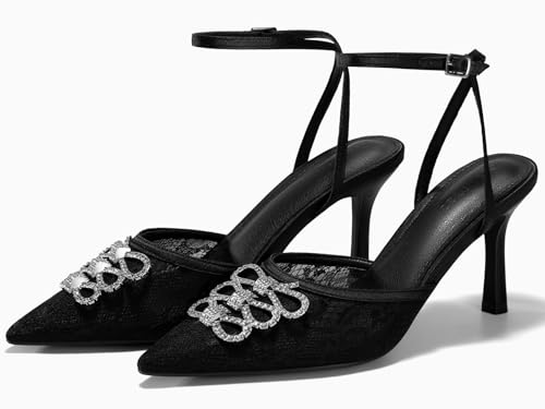 Coutgo Womens Rhinestone High Heels Closed Pionted Toe Bow Mesh Pumps Ankle Strap Wedding Bride Dress Shoes4