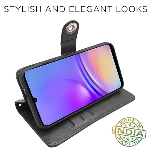 Image of Pikkme Flip Cover Leather Finish | Inside TPU with Card Pockets | Wallet Stand and Shock Proof | Complete Protection Button Flip Case for Samsung Galaxy A05 / M05 / F05 (Black)