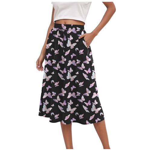 Rvidbe Long Skirts for Women - Floral Butterfly Printed Drawstring High Waited Pleat Skirt Fall Casual Vacation A Line Skirts
