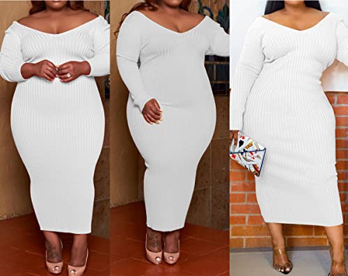 Image of Women's Plus Size Sexy Long Sleeve Maxi Sweater Off Shoulder Knit Dress