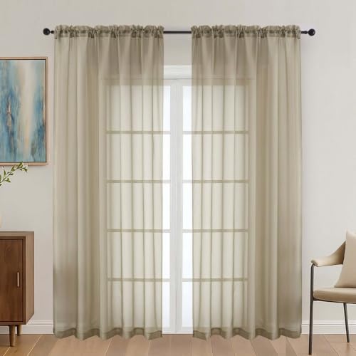 Image of OVZME Taupe Sheer Curtains 72 Inches Long 2 Panels Set, Light Filtering Sheer Curtains for Living Room Bedroom 59 Inch Extra Wide, Modern Voile Filmy Rod Pocket Window Drapes, 59Wx72L Inches