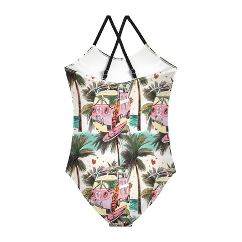 Girl Bathing Suits Beach Apparel 3-10 Y with Adjustable Shoulder Strap, Vintage Pink Van Surfboard2
