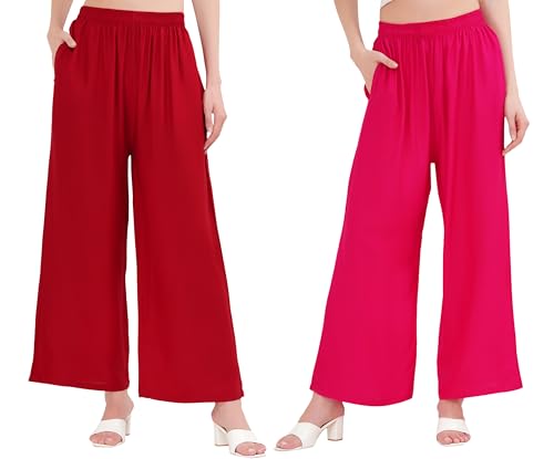 Image of Buy That Trendz Palazzo Pants for Women Cotton Rayon Elasticated Flared Wide Leg Regular Fit M to 6XL Pack of 2