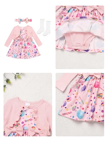 ODASDO Newborn Infant Baby Girls Fall Winter 1st Birthday Outfit Cow/Floral Printed Long Sleeve Dress Headband Socks Set4