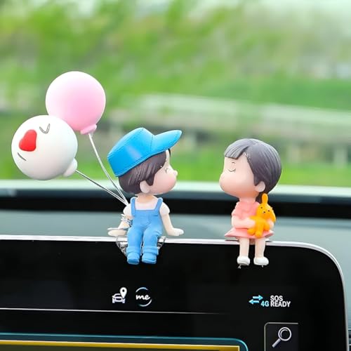 Image of Cute Cartoon Couple Dashboard Figurines - Car Interior Decoration Ornaments with Balloon Props - Romantic Action Figures for Car, Home & Gifting