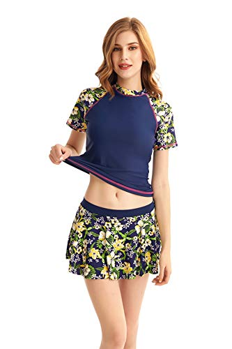 Damen Zweiteilige Kurzarm-Badebekleidung Top mit Schwimmrock Badeanzug Set Tankini drucken (N3, XX-Large) Cover