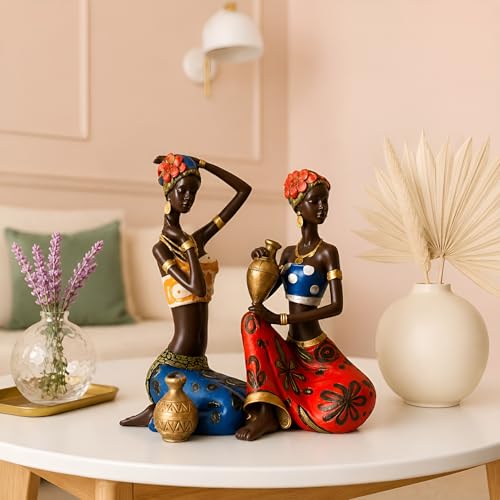 Image of Amazon Basics Vibrant Tribal Lady Figurine Set for Home & Office Decor | Artistic Cultural Sculpture Showpieces for Living Room, Shelf, Console & Study Table Styling (Multicolor, 23 cm)