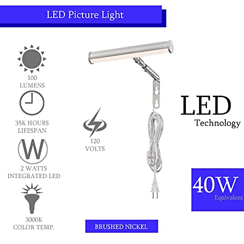 Ciata Picture Light, Picture Frame Light, 7-Inch, Integrated Led, 3000K, 2 Watt (40W Eqv) Metal Wall Mount Artwork Display Light, With In-Line On/Off Switch In Brushed Nickel Finish #TOP4