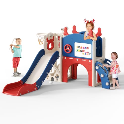Krovtoy Toddler Slide Elk Theme Kid Slide Freestanding with Basketball Hoop, golf set,Baby Slide Playground Equipment,for in/outdoor use (6-in-1 red blue)
