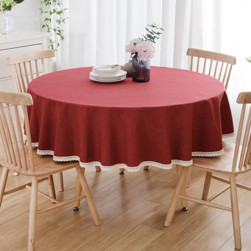 Blausky 1 mantel redondo de tela de 220 cm, color sólido, estilo rústico, mantel de poliéster con encaje para mesa de café, mesa de comedor, para fiestas, picnics, alimentos, jardín, bodas, color rojo