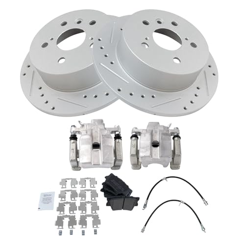 Image of TRQ Performance Rear Brake Pad and Rotor Set Semi Metallic Slotted Drilled Coated Rotors Calipers Compatible with 2013-2015 Toyota Avalon 2012-2017 Camry