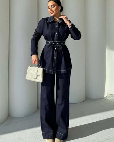 utcoco Women's Denim Two Piece Set Long Sleeve Belted Shirt Jacket High Waist Wide Leg Jeans Pants Outfit2
