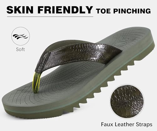 Image of ONCAI Flip Flops for Men, Mens Summer Beach Sandals with Faux Leather Straps and Comfort Cushion Yoga Mat, Arch Support Non Slip Soles US Size 7-15
