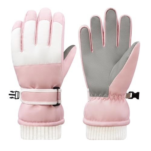 HOPSOOKEN Kids Waterproof Ski Winter Gloves Cold Weather Warm Fleece Snowboard Snow Mittens Gifts for Boys Girls Windproof(PinkM)
