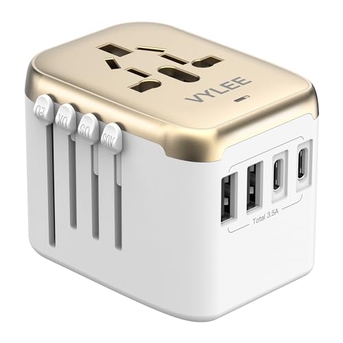 Image of VYLEE Universal International Power Travel Plug Adapter, 5 in 1 European Travel Plug Adapter W / 3.5A 2xUSB-A and 2xUSB C Wall Charger and Worldwide AC Outlet for Europe USA UK AUS Asia (White Gold)
