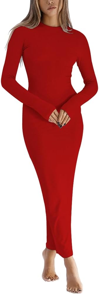 Dressmine Women Long Sleeve Bodycon Maxi Dresses Sexy Wedding Party Pencil Dress Fall Trendy Casual Ribbed Midi Dress 2026