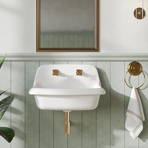 ELLAI 24 Inch Wall Mounted High Back Kitchen Sink White Porcelain Utility Sink Farm Sink Ceramic Farmhouse Laundry Sink Wall Mount Bathroom Sink, 8 in centers, 24” x 17” x 15” Cover