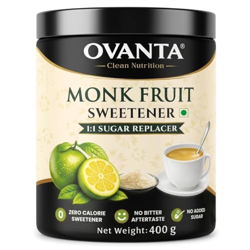 OVANTA Monk Fruit Sweetener Powder 400g Jar | Zero Sugar Natural Sweetener | 1:1 Sugar Replacement | Natural Sugar Substitute for Tea, Coffee, Baking & Cooking | Non-GMO